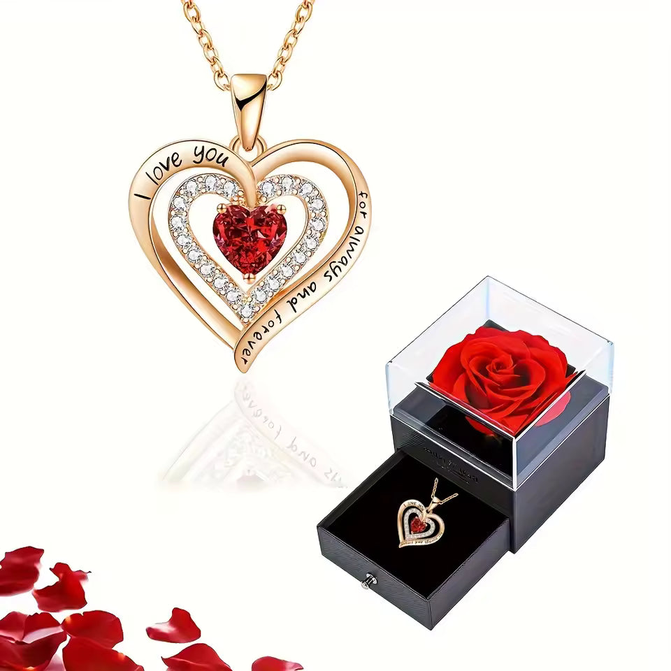 Luxury Red Zircon Pendant Necklaces With Rose Flower Gift Box