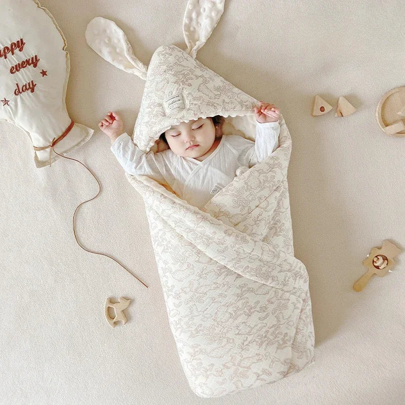 High Quality Cotton Newborn Swaddle Blanket with Cute Bunny Ears Hospital Delivery Wrap Extra Soft Thermal Baby Swaddling New