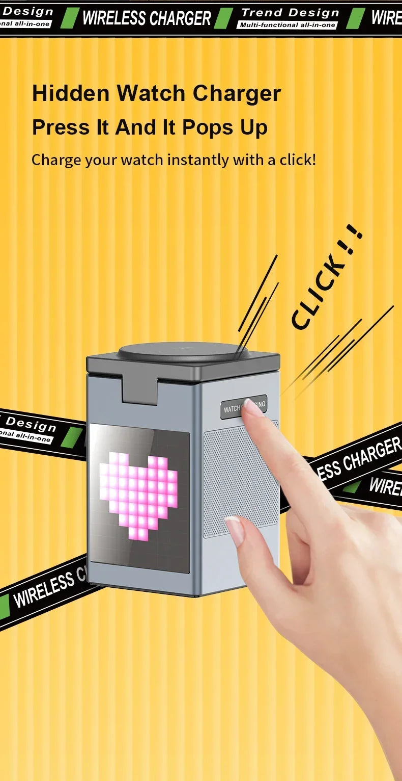 6 in 1 Magnetic Multi-function Wireless Charger with Bluetooth Speaker Alarm Clock for Iphone 16 15 Pro Max for Airpods Iwatch