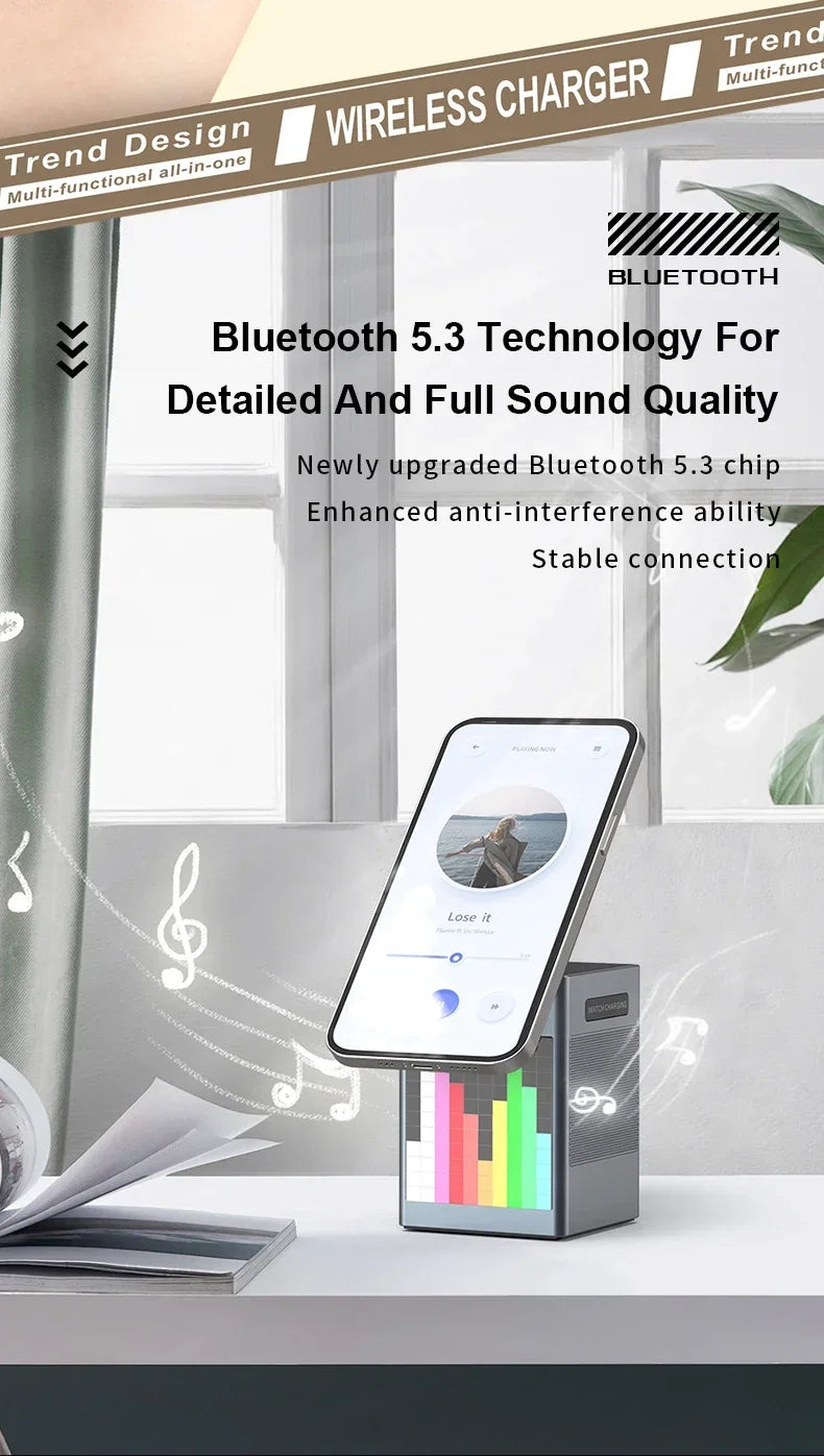 6 in 1 Magnetic Multi-function Wireless Charger with Bluetooth Speaker Alarm Clock for Iphone 16 15 Pro Max for Airpods Iwatch