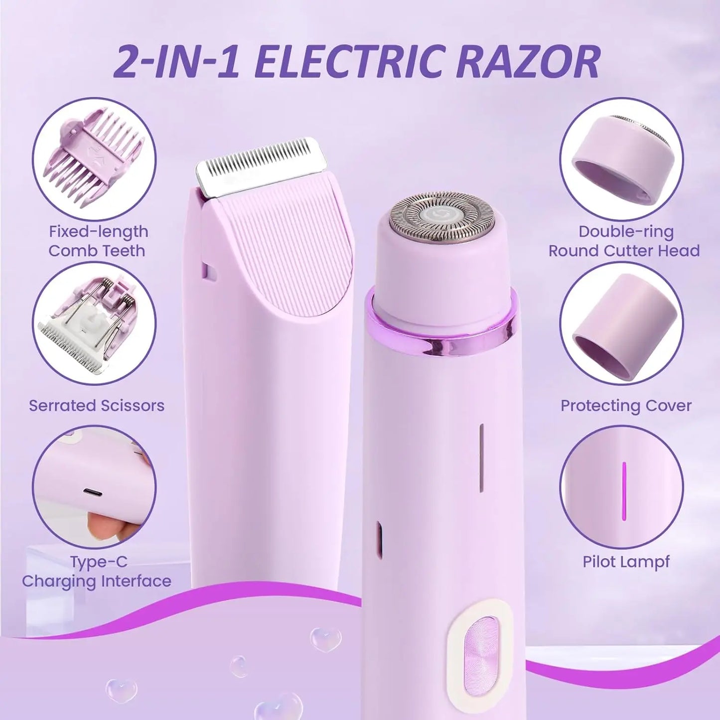 Electric Razors for Women 2 in 1 Electric Shaver for Pubic Hair Trimmer IPX7 Waterproof Wet&Dry Use Bikini Shaver for Body