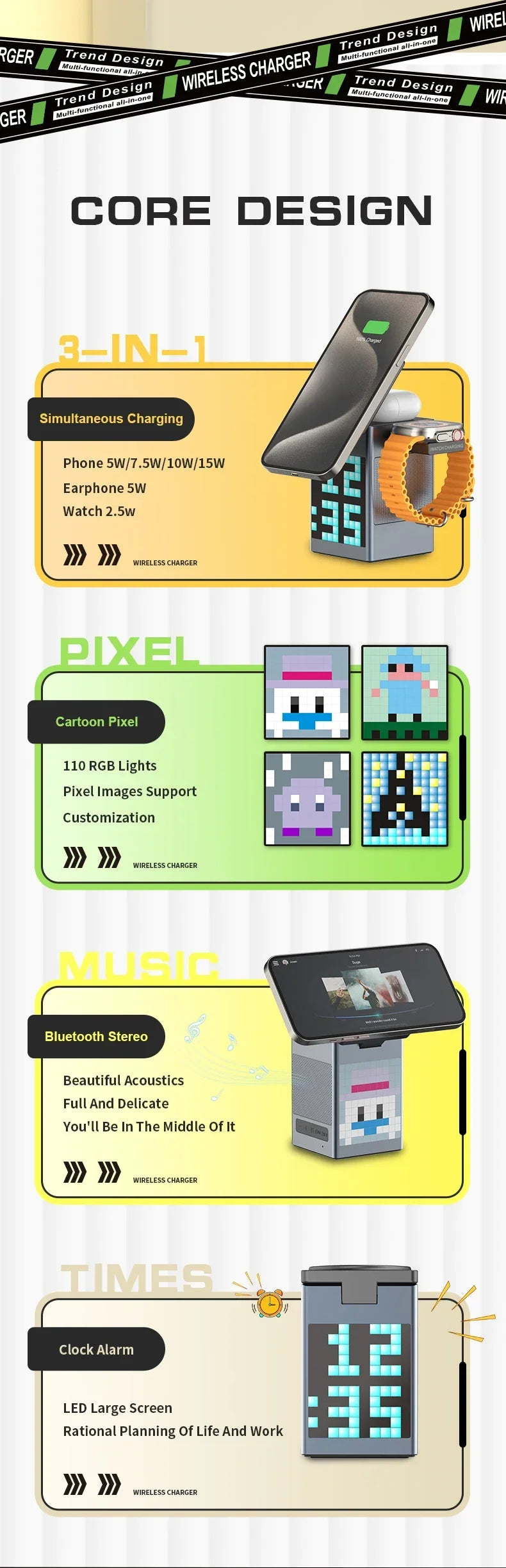 6 in 1 Magnetic Multi-function Wireless Charger with Bluetooth Speaker Alarm Clock for Iphone 16 15 Pro Max for Airpods Iwatch