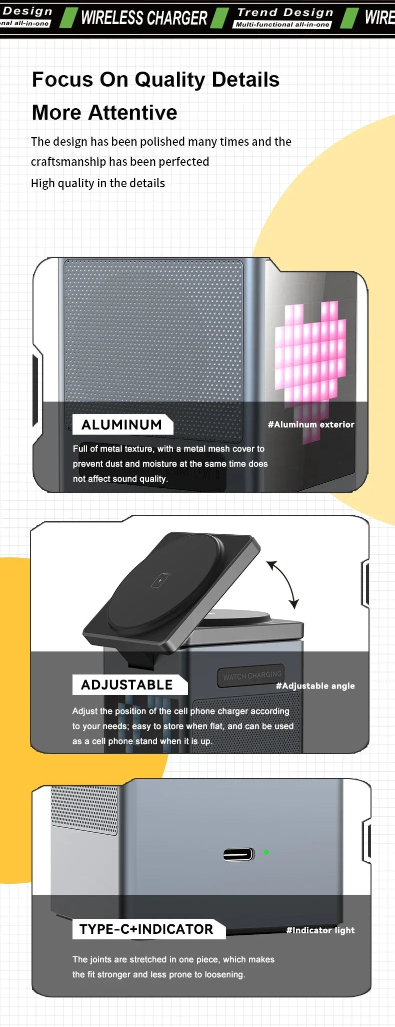 6 in 1 Magnetic Multi-function Wireless Charger with Bluetooth Speaker Alarm Clock for Iphone 16 15 Pro Max for Airpods Iwatch