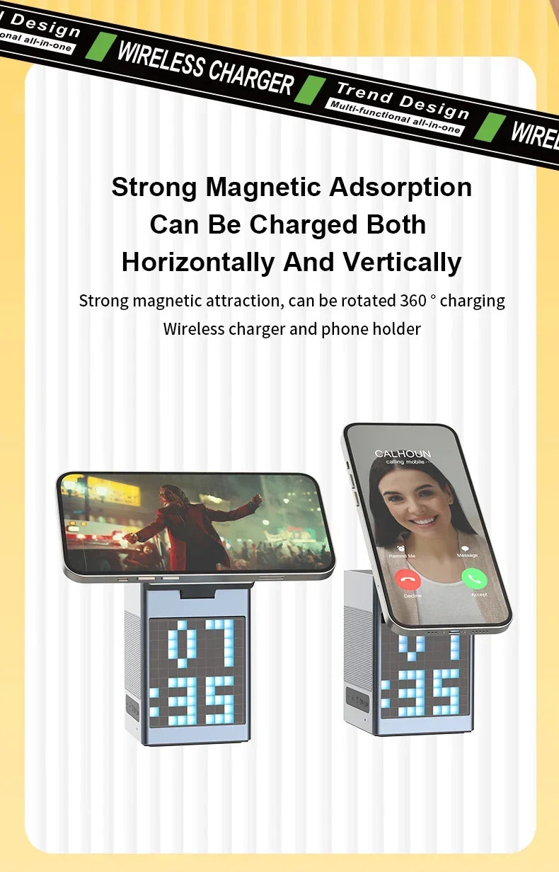 6 in 1 Magnetic Multi-function Wireless Charger with Bluetooth Speaker Alarm Clock for Iphone 16 15 Pro Max for Airpods Iwatch