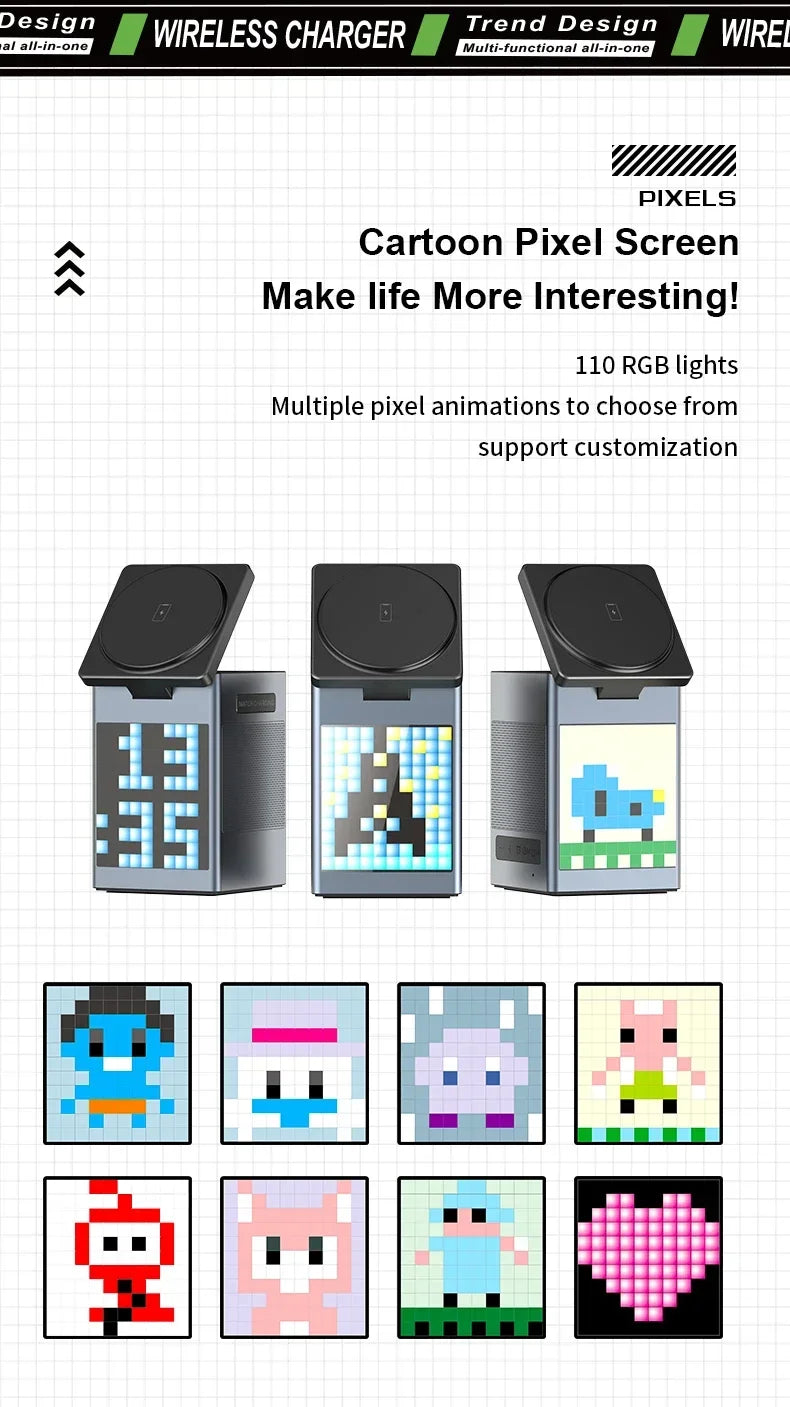 6 in 1 Magnetic Multi-function Wireless Charger with Bluetooth Speaker Alarm Clock for Iphone 16 15 Pro Max for Airpods Iwatch