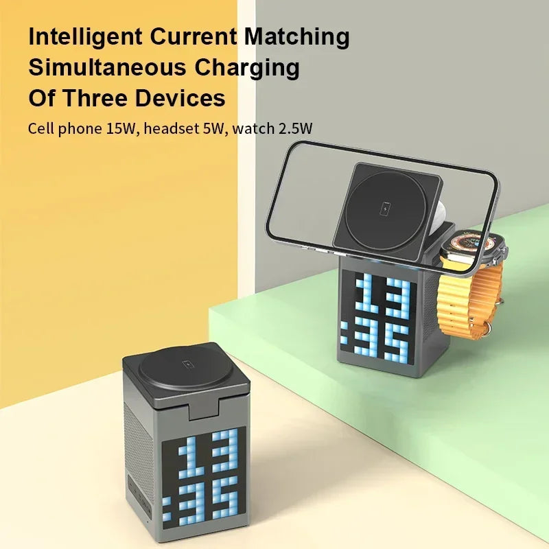 6 in 1 Magnetic Multi-function Wireless Charger with Bluetooth Speaker Alarm Clock for Iphone 16 15 Pro Max for Airpods Iwatch