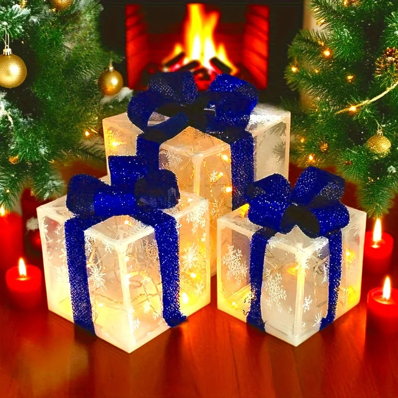 3pcs Christmas Luminous Gift Box Christmas Tree Decoration Holiday Party Decoration Christmas Decoration (No Built-in Battery)