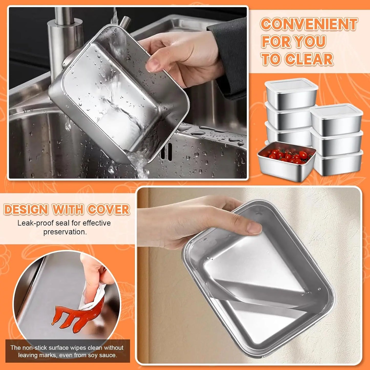 Stainless Steel Food Container with Cover Small Thicken Fresh-keep Food Fruit Lid Sealed Storage Box  Kitchen Fridge Organizer