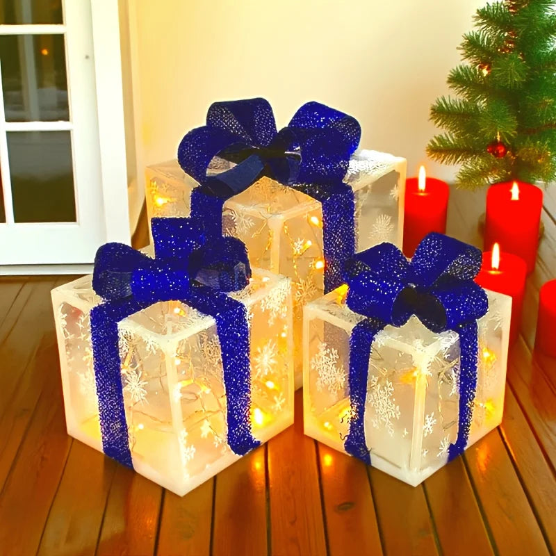 3pcs Christmas Luminous Gift Box Christmas Tree Decoration Holiday Party Decoration Christmas Decoration (No Built-in Battery)